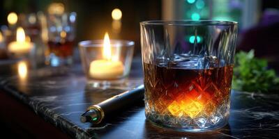 Relaxing evening with a whiskey glass, candles, and vape on a marble table in a cozy setting photo