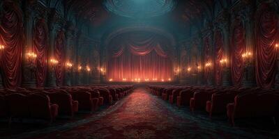Elegant theater interior with red curtains and vintage seating illuminated by warm light photo