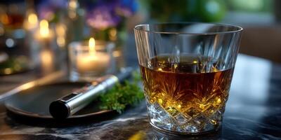 Rich amber whiskey sits elegantly in a cut glass tumbler on a dark marble table surrounded by warm candlelight photo