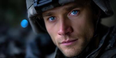 Soldier with striking blue eyes focused during nighttime operation in urban environment photo