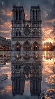 Sunset reflections on Notre Dame Cathedral in Paris after rain creates a stunning visual contrast photo