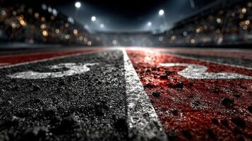 Racing track with numbered lanes illuminated by stadium lights during a competitive sporting event at night photo