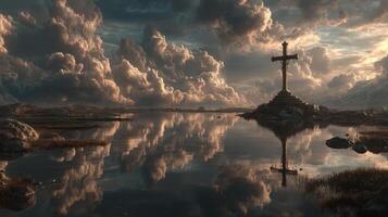 Majestic sunrise over a serene lake with a large stone cross reflecting on calm waters photo