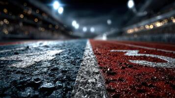 Track surface in a nighttime stadium ready for sprinting athletes to compete in a thrilling race event photo
