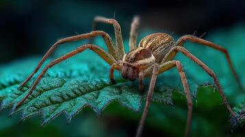 Close-up view of a spider resting on a green leaf in a natural setting during daylight photo