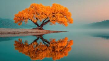 Vibrant golden autumn tree reflecting in tranquil lake at dawn near mountains photo