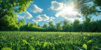 Sunlight filters through trees over a lush green meadow in a serene nature setting photo