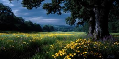 Bright yellow wildflowers blanket a serene meadow under a twilight sky in a tranquil landscape photo