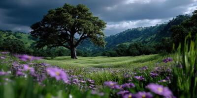 Scenic landscape featuring a large tree surrounded by vibrant flowers in a lush green valley under a cloudy sky photo