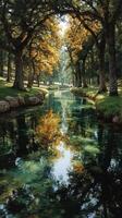 Tranquil stream surrounded by lush trees reflecting autumn colors in a peaceful park setting photo