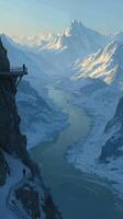 Mountain view from a high vantage point overlooking a winding river and snow-covered peaks at dawn photo
