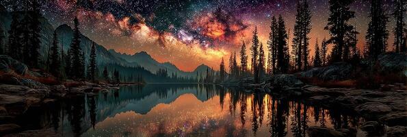 Night sky filled with stars and reflections over a calm lake in a serene mountain landscape photo
