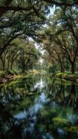 Serene waterway surrounded by lush trees in a tranquil setting during midday at a nature reserve photo