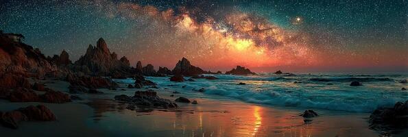 Stunning night sky over rocky coastline with vibrant colors and ocean waves at sunset photo