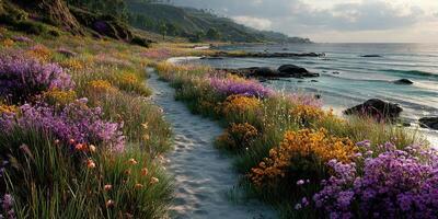Vibrant flowers line a sandy path along the coastline during early morning light near the ocean photo