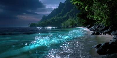 Tranquil night beach with shimmering waves and lush mountains in the backdrop photo