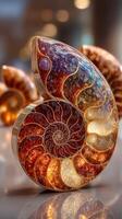 Beautifully crafted ammonite fossil replicas on display showcasing intricate patterns and vibrant colors photo