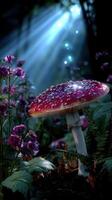 Vibrant red mushroom stands tall amidst purple flowers in a sunlit forest clearing photo