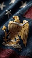 Detailed close-up of an ornate eagle emblem on a flag showcasing intricate embroidery and vibrant colors photo