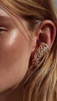 Elegant gold earrings showcased on a close-up model with light hair and a radiant complexion during a sunny outdoor event photo
