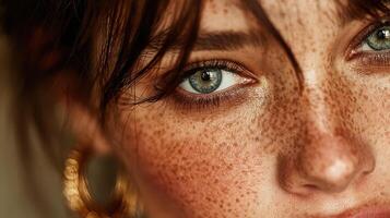 Close-up of a young woman with striking blue eyes and freckles, showcasing natural beauty and elegance in warm lighting photo
