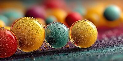 Bubbles in vibrant colors create an abstract composition with reflections and a textured background photo