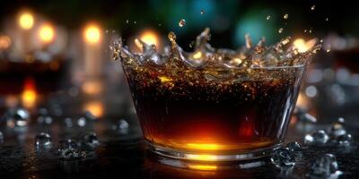 Sparkling drink splashes in a glass with glowing reflections during a lively evening gathering photo