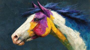Colorful horse portrait featuring vibrant brush strokes and artistic flair in a detailed close-up view photo