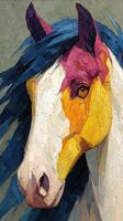 Vibrant horse portrait featuring bold colors and expressive brushwork in a detailed art style photo