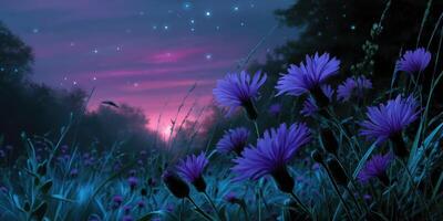 Vibrant purple flowers bloom under a starry sky at dusk in a serene meadow photo