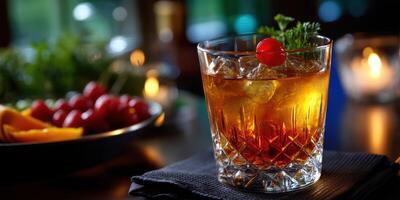 Refreshing cocktail with ice and garnishes on a dark table beside fresh fruit and candlelight photo
