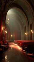 Elegant interior of a vintage theater showcasing ornate architecture and plush seating illuminated by soft lighting photo