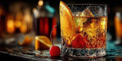 refrescante cóctel adornado con naranja rebanada y Cereza servido en un cristal vaso a un acogedor bar durante el noche foto