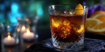Refreshing cocktail served in a crystal glass with ice and lemon garnish in an elegant setting during a nighttime gathering photo