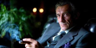 Captivating man in a sharp suit holding a cigar in a dimly lit lounge on a quiet evening photo