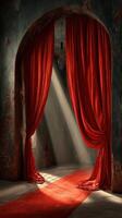 Red velvet curtains frame a sunlit path in an old building, creating a dramatic atmosphere and inviting exploration of the hidden space photo