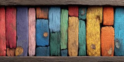 Colorful wooden planks arranged in a vibrant pattern create a striking visual display in a rustic setting photo