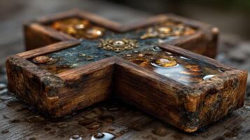 Rustic wooden cross adorned with water droplets resting on a textured surface at sunset photo