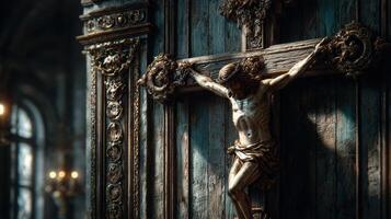 Intricate wooden crucifix displayed within a dimly lit ornate chapel showcasing exquisite craftsmanship photo
