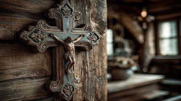 Intricate wooden cross featuring a carved figure in a rustic interior setting photo