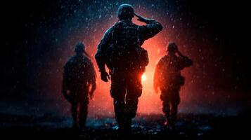Soldiers saluting during a rainstorm at night with dramatic lighting effects photo