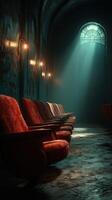 Forgotten theater with vintage chairs illuminated by rays of light in an old building photo