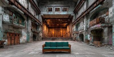 Abandoned theater showcasing a vintage green sofa in a desolate interior during the golden hour light photo