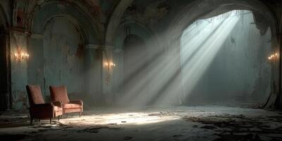 Abandoned room with vintage chairs illuminated by sunlight in a decaying structure photo