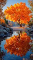 Vibrant autumn tree reflected in calm water amidst a serene landscape during late afternoon photo