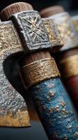 Detailed close-up of ornate battle axes showcasing craftsmanship and intricate designs photo