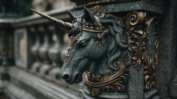 Sculpted unicorn head adorns ornate architecture in a historic city photo