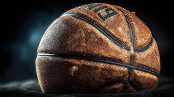 Worn basketball resting on a black surface with soft lighting highlighting its texture and details photo
