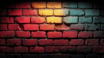 Vibrant colors illuminate a textured brick wall in an urban setting during evening hours photo