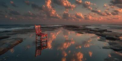 Isolation and reflection at sunset over calm ocean with a chair on rocks photo